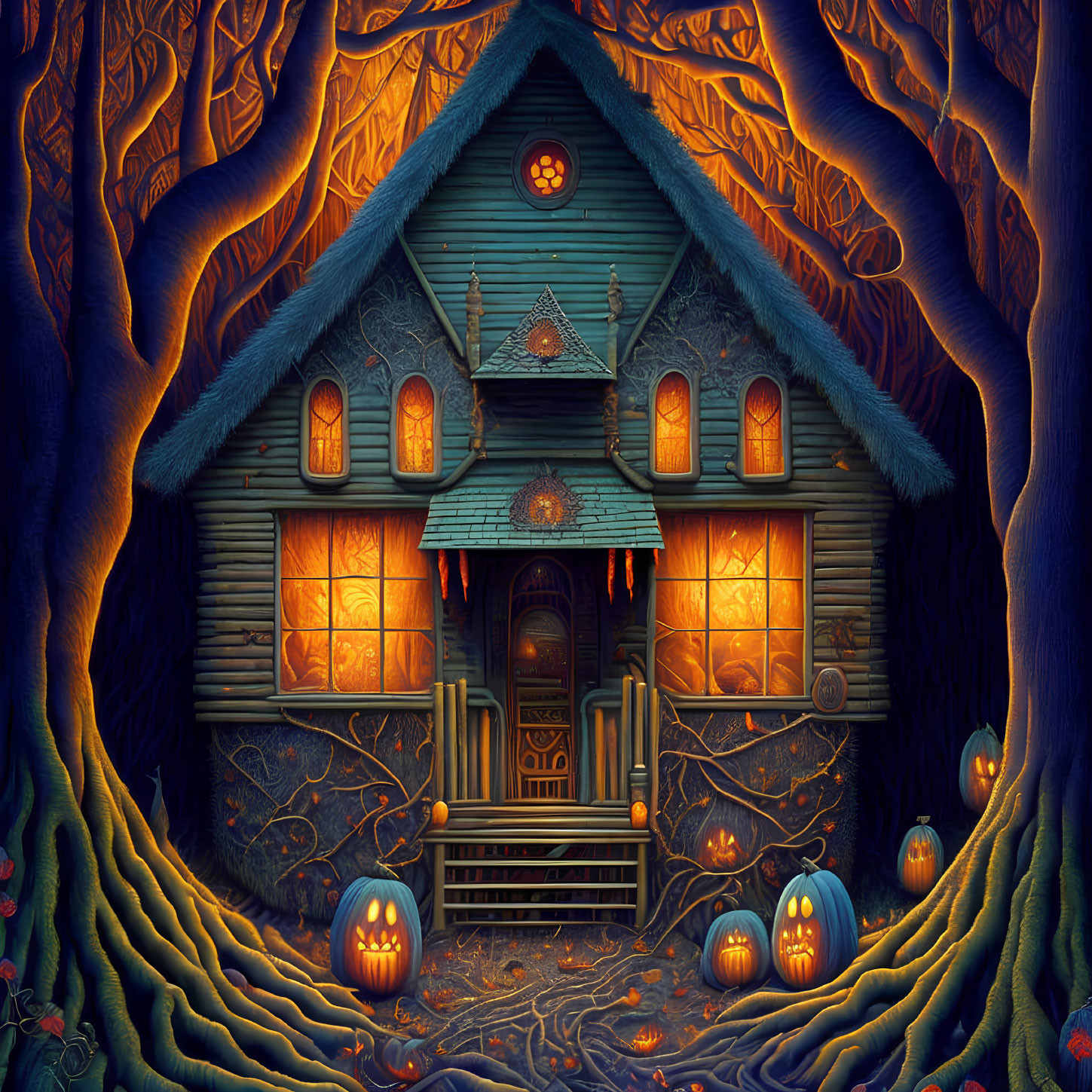 Illustration of Spooky House with Glowing Windows in Mystical Blue Light