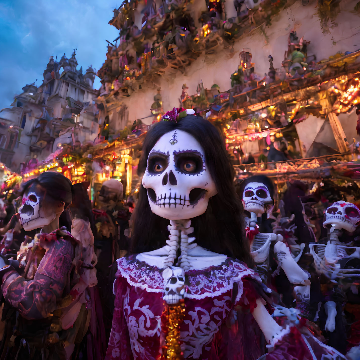 Skeleton costumes and face paint: Day of the Dead celebration with vibrant altars.