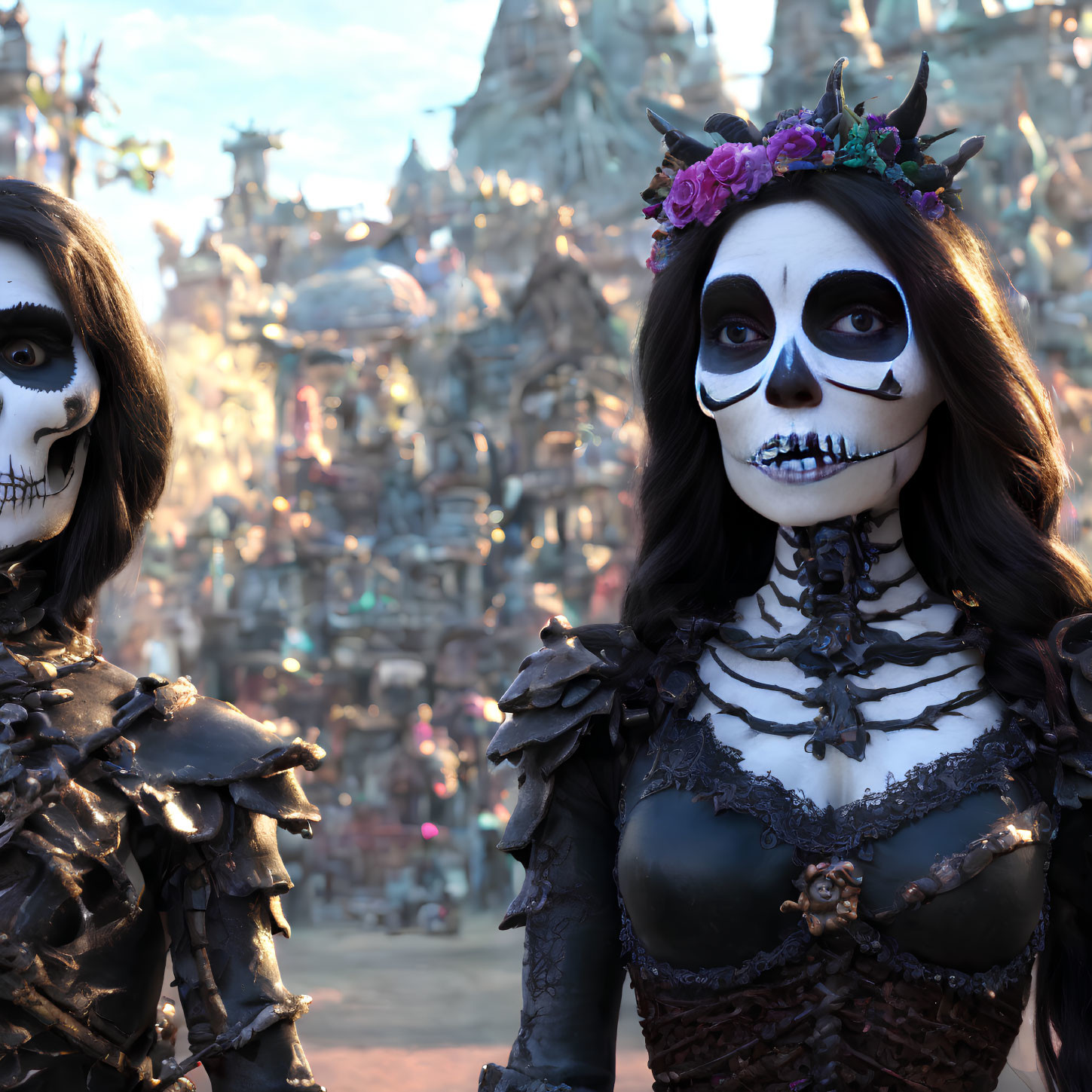 Skull Makeup People in Elaborate Costumes at Day of the Dead Celebration