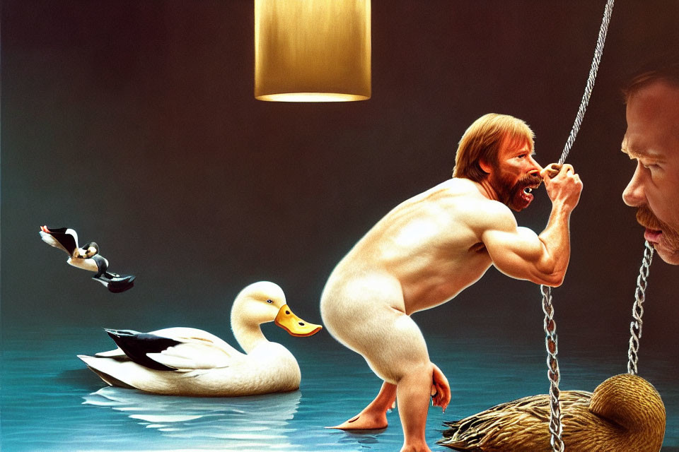 Surreal artwork with oversized baby, ducks, penguin on swing, and observing man.