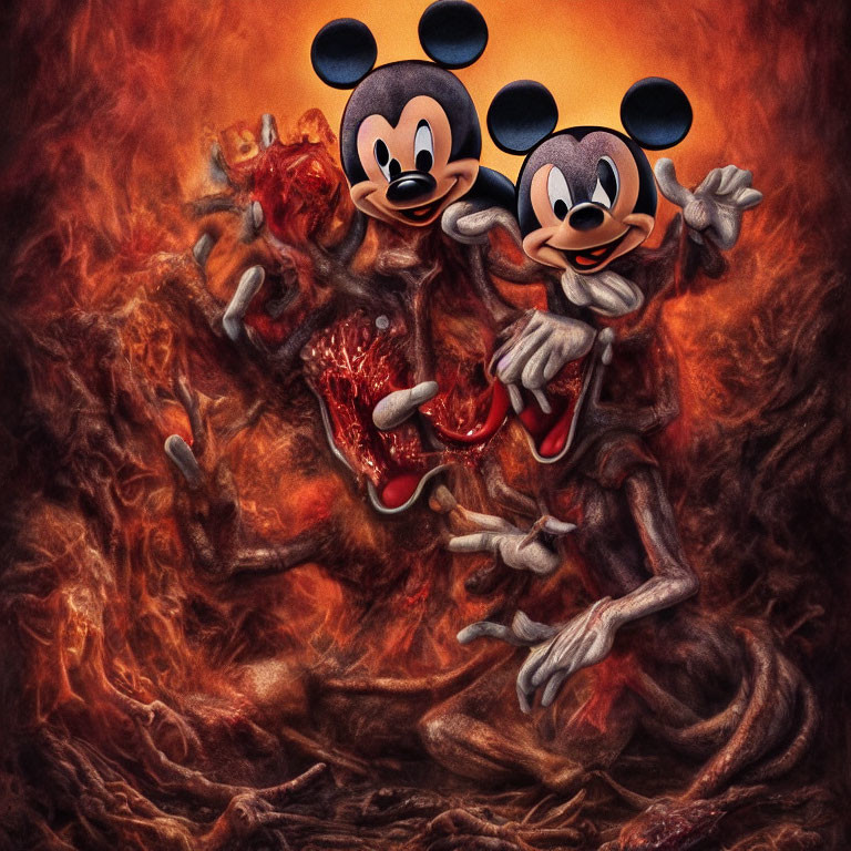 Dark, fiery image with eerie caricatures against chaotic inferno background