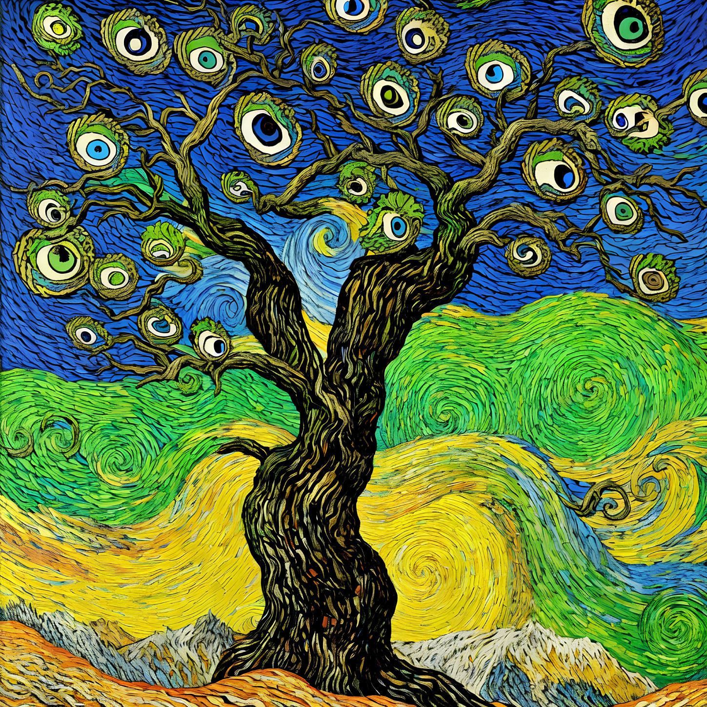 Surreal post-impressionist illustration of gnarled tree with eyes in starry sky