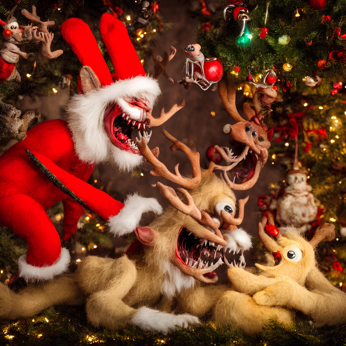 Christmas-themed plushies with oversized, humorous teeth in festive setting