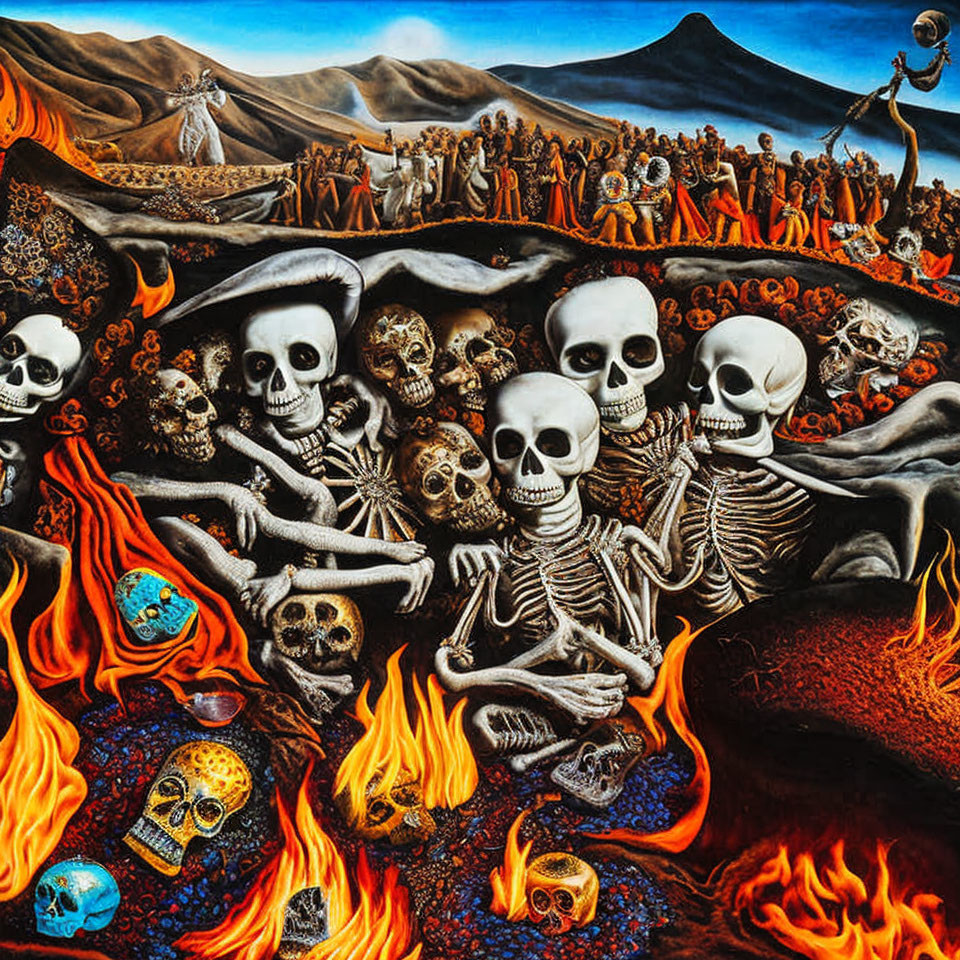 Surrealist painting of skeletal figures in flames with volcano and crowd