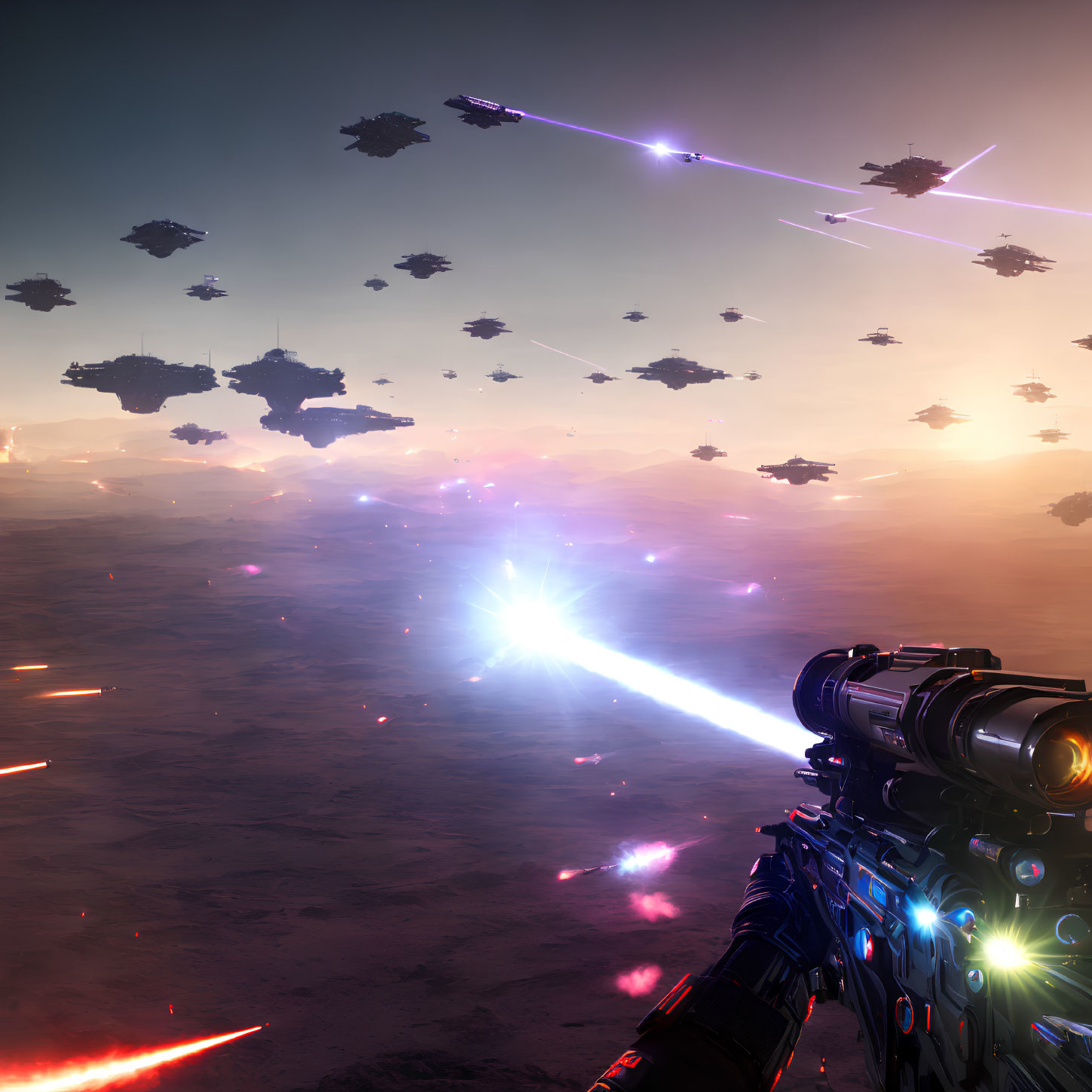 Futuristic sci-fi battle scene with alien landscape at dusk