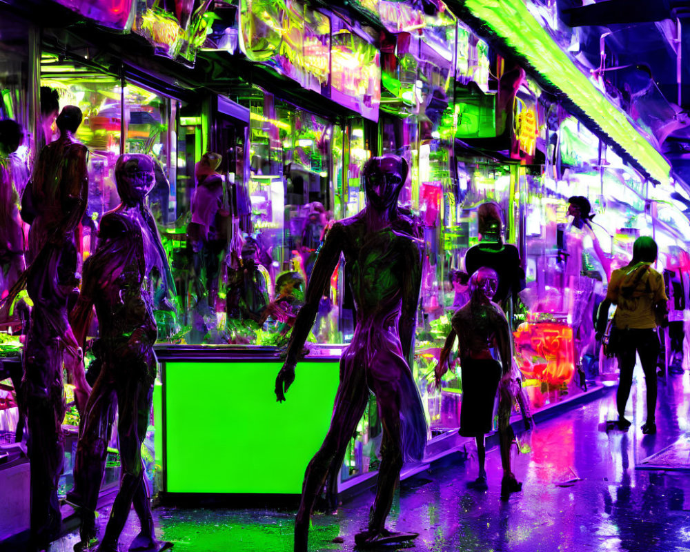 Neon-lit street scene with mannequins and pedestrians under glowing storefront canopies