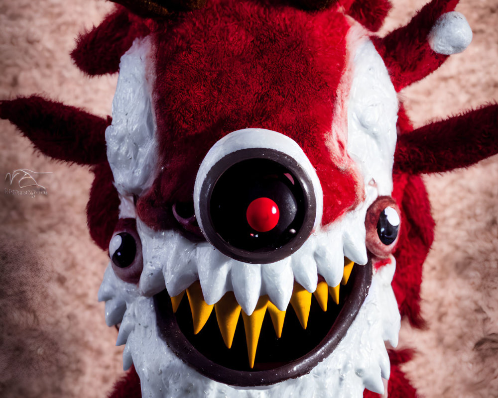 Whimsical red and white plush creature with large eye and antlers