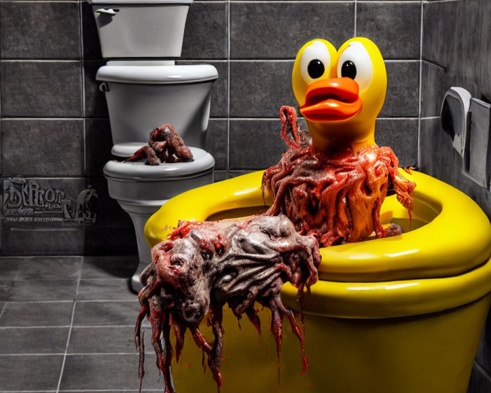Eerie image of large rubber duck on yellow toilet with tentacle-like textures