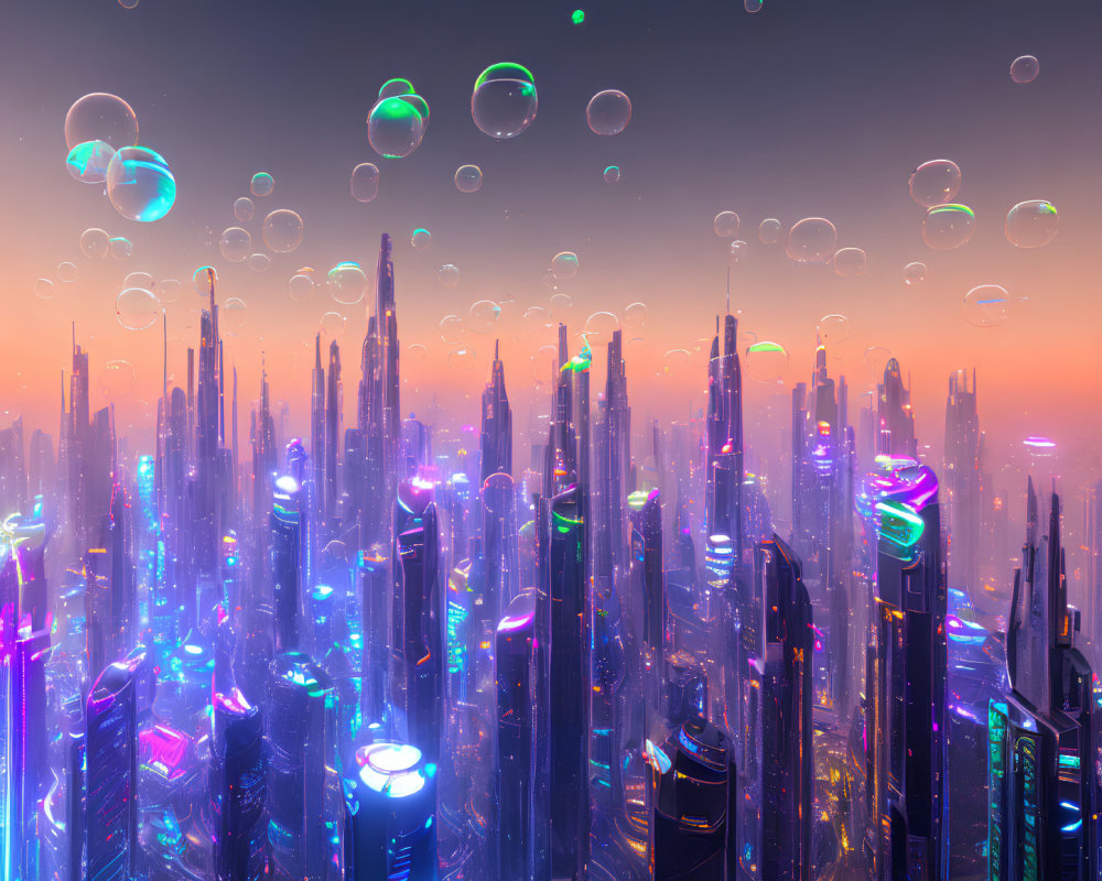 Futuristic cityscape with neon-lit skyscrapers and floating bubbles at dusk