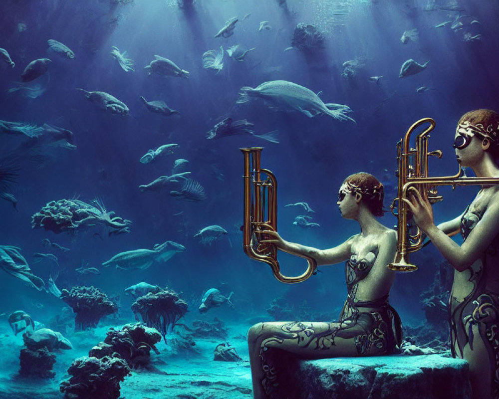 Ornately designed human-like figures playing trumpets underwater surrounded by fish and coral