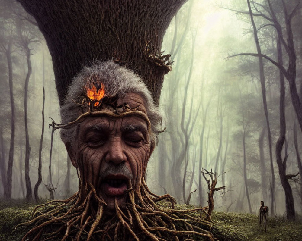 Elder man's face merging with a tree trunk in mystical forest
