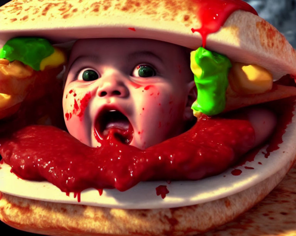 Baby's Face Emerges from Red Sauce-Covered Sandwich