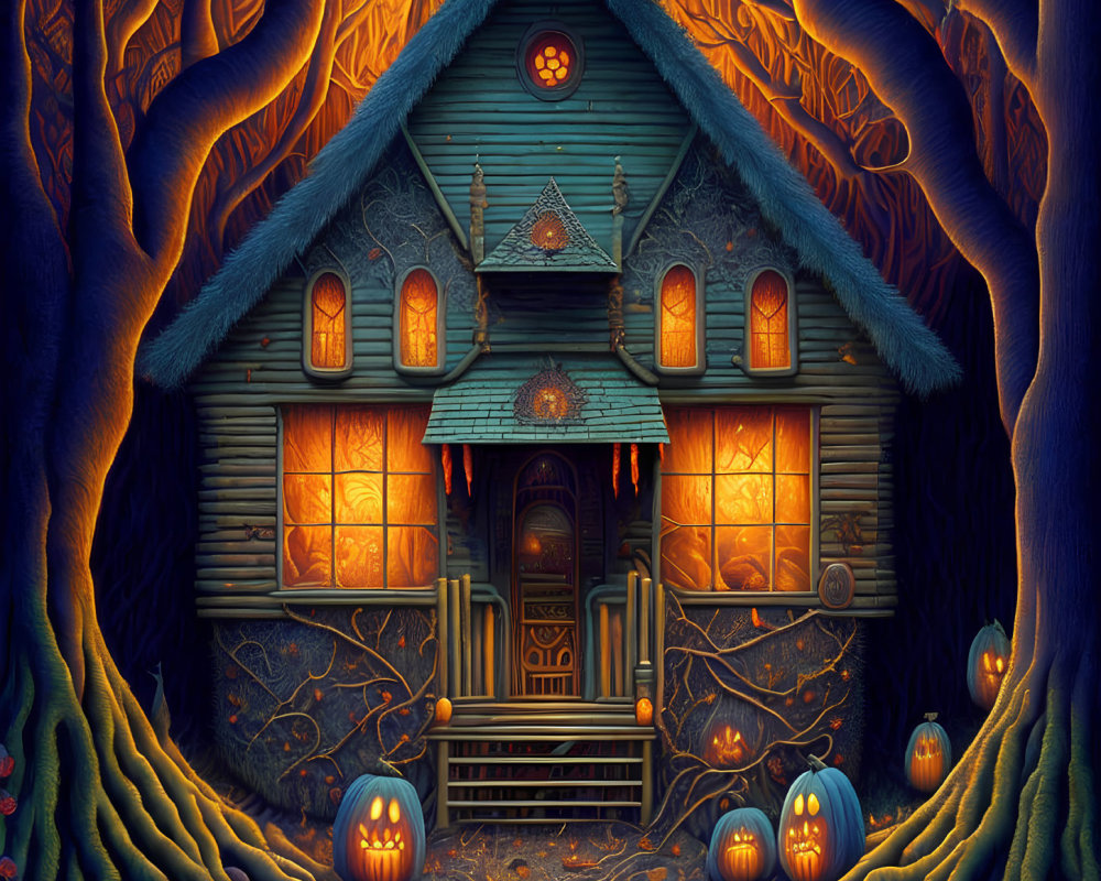 Illustration of Spooky House with Glowing Windows in Mystical Blue Light