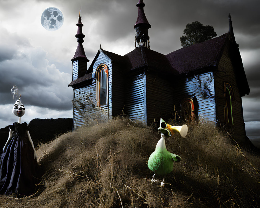 Gothic church, full moon, eerie clown, duck with megaphone on grassy kn