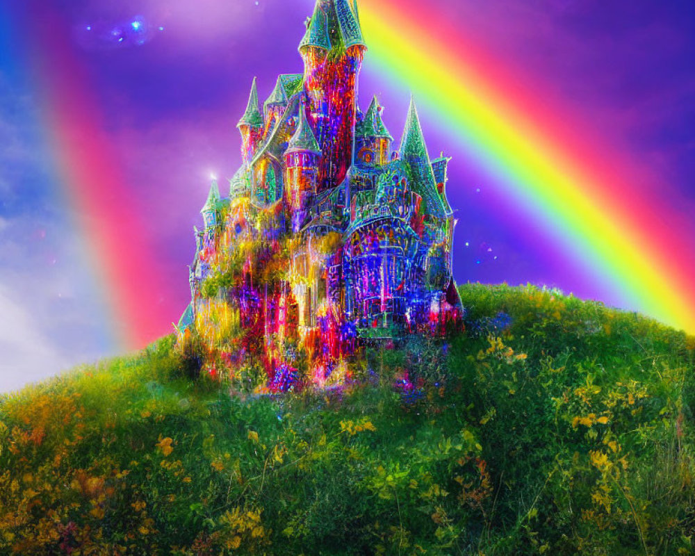 Fantasy castle on lush hill with double rainbows and starry sky