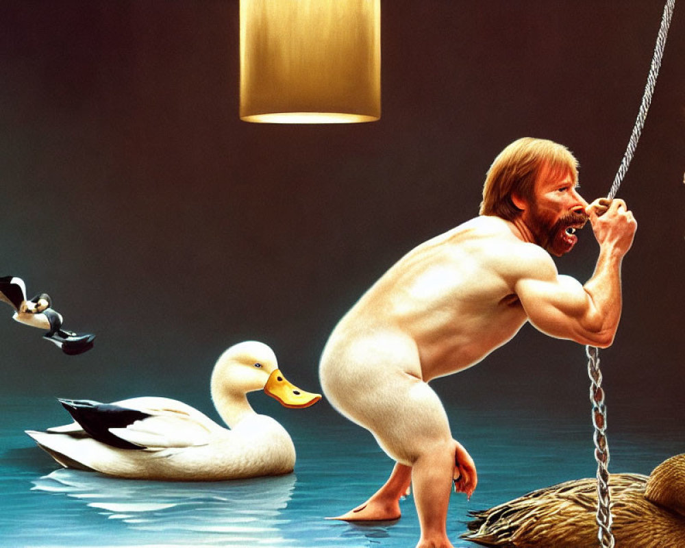 Surreal artwork with oversized baby, ducks, penguin on swing, and observing man.