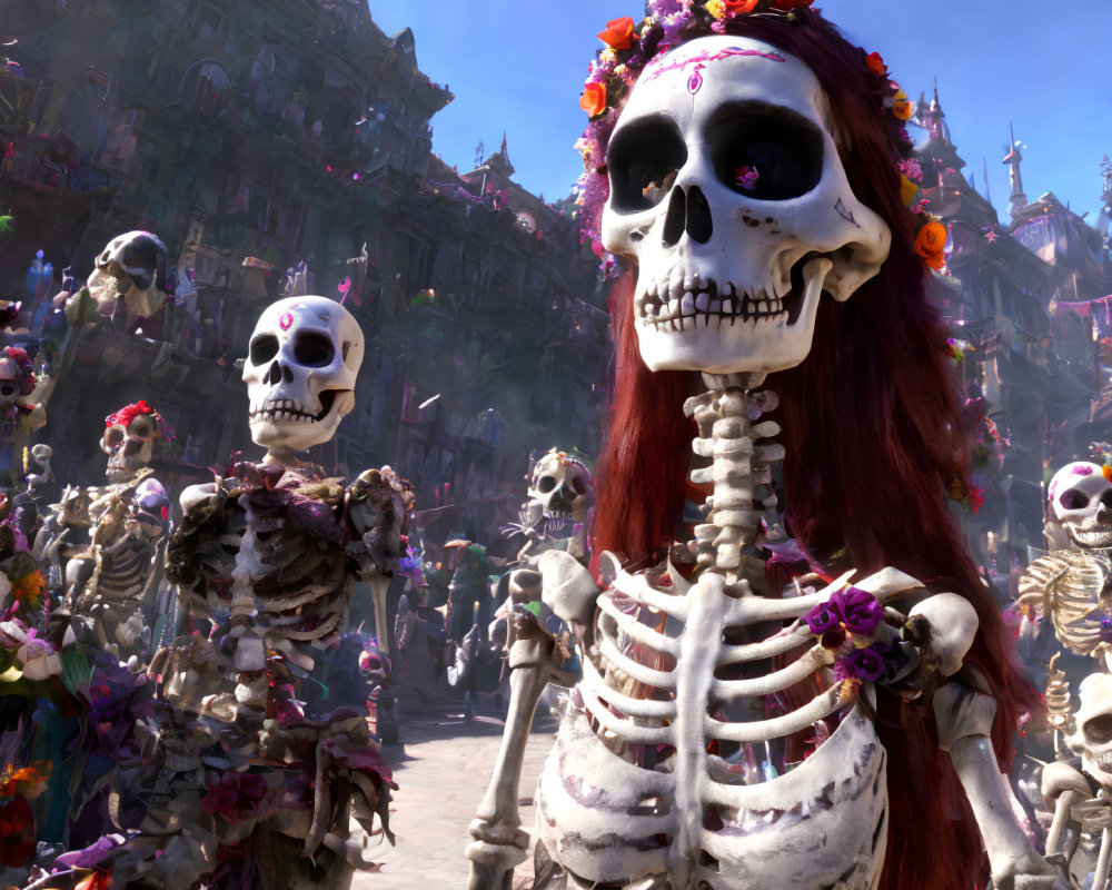 Vibrant skeleton figures with floral decorations in a lively Day of the Dead scene.