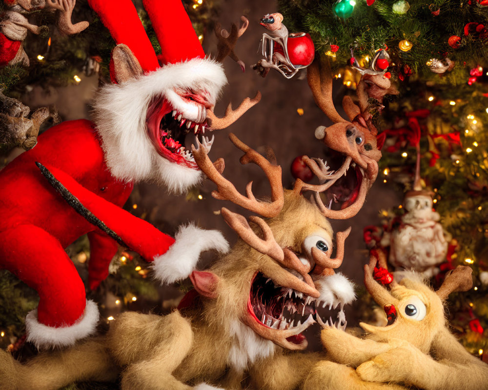 Christmas-themed plushies with oversized, humorous teeth in festive setting