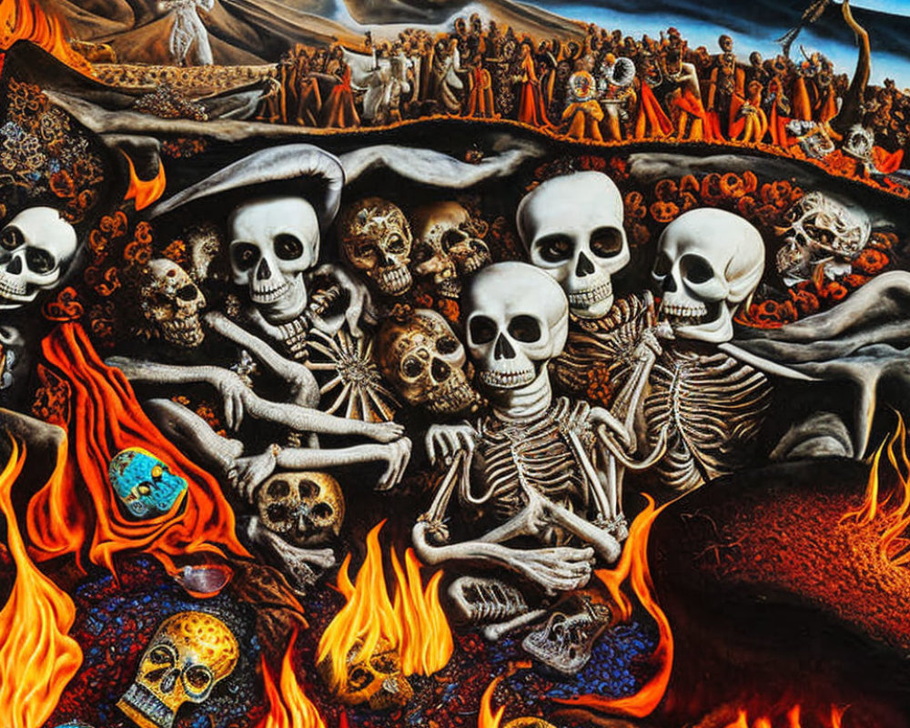Surrealist painting of skeletal figures in flames with volcano and crowd