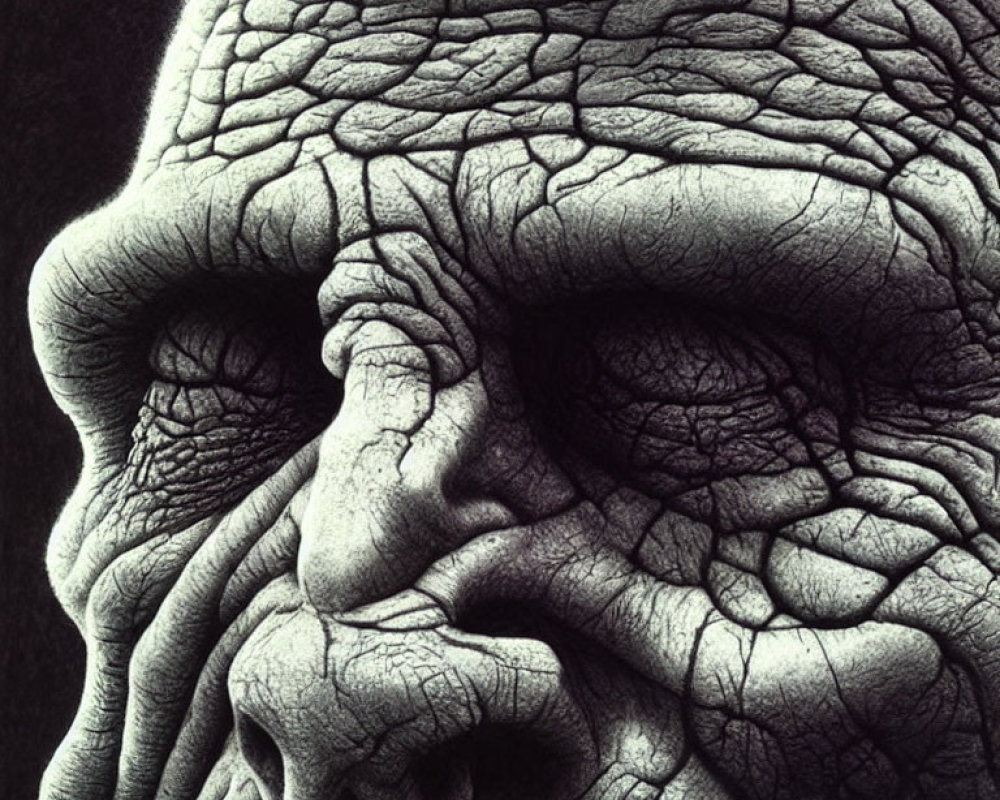 Monochrome portrait of an elderly person with deeply wrinkled skin