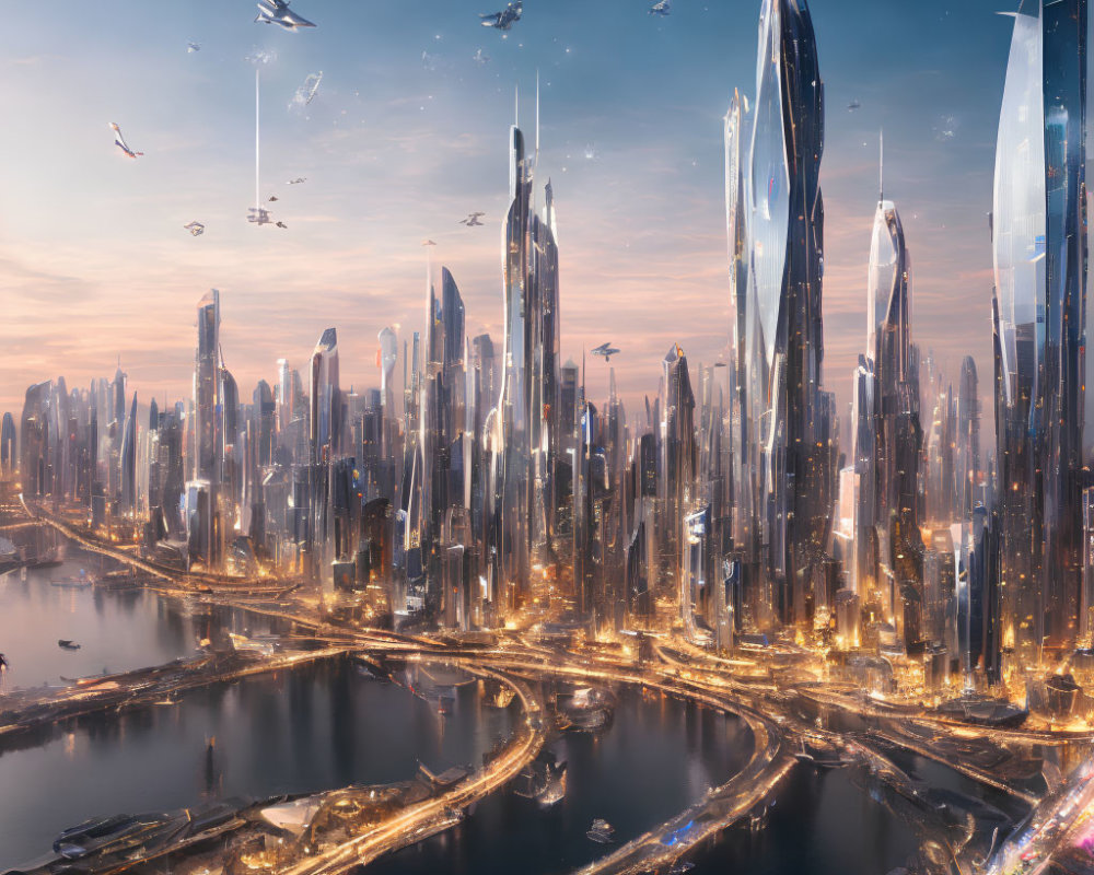 Futuristic cityscape at dusk with illuminated skyscrapers and flying vehicles.