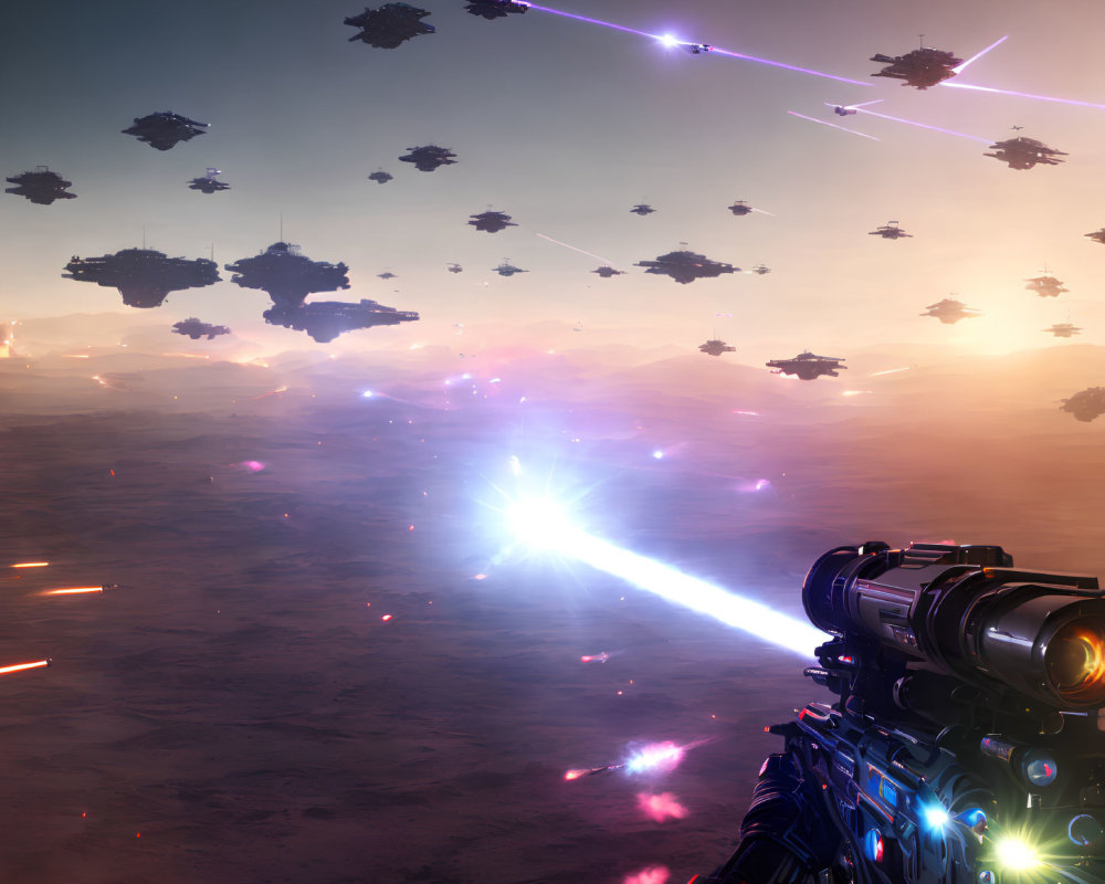 Futuristic sci-fi battle scene with alien landscape at dusk