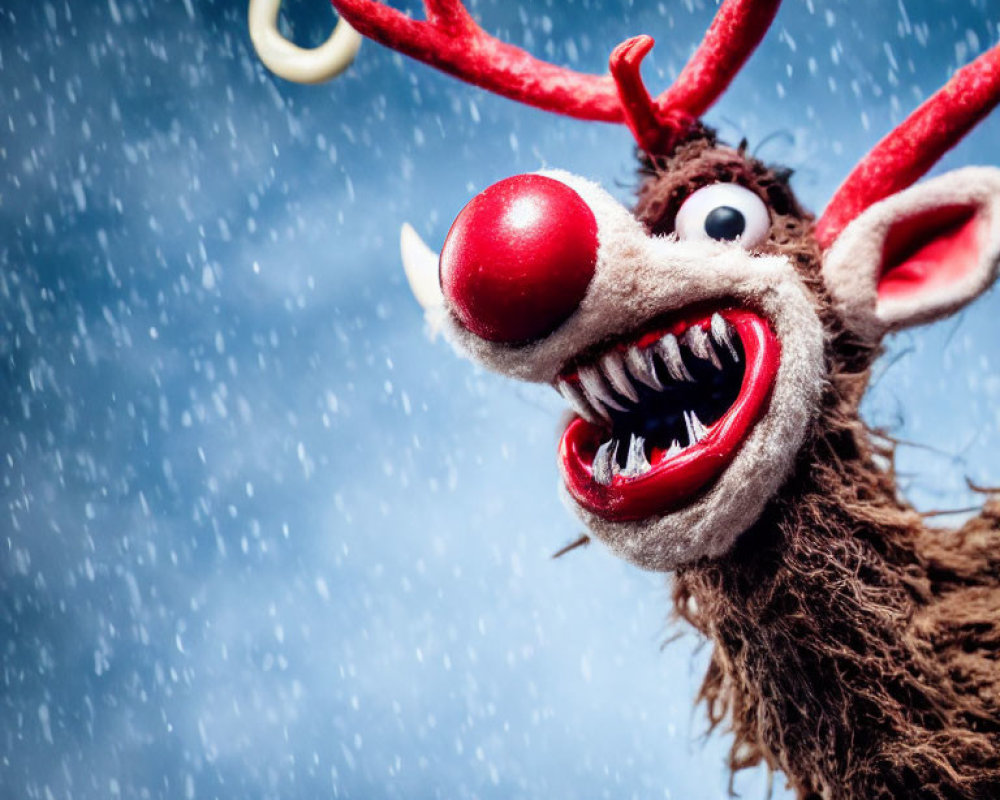 Plush reindeer toy with red nose and antlers in snowfall