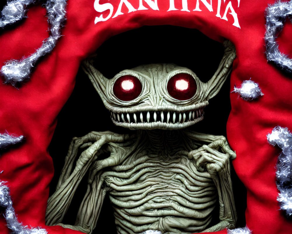 Toy-like figure with red eyes peeks from hole under "SANTINTA" banner