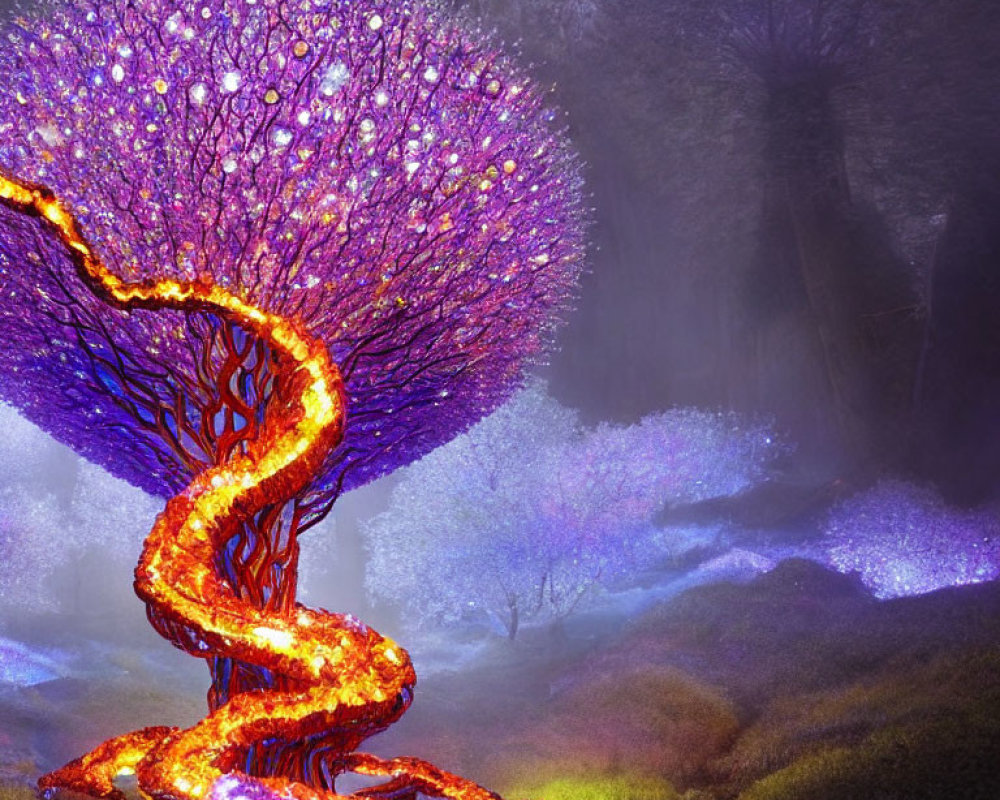 Digital artwork: Twisted tree with purple foliage and red glowing trunk in mystical forest