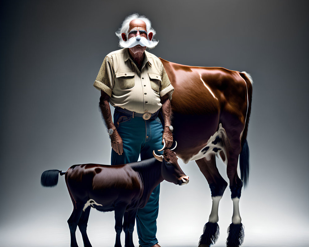 Elderly man with cow and calf on grey background