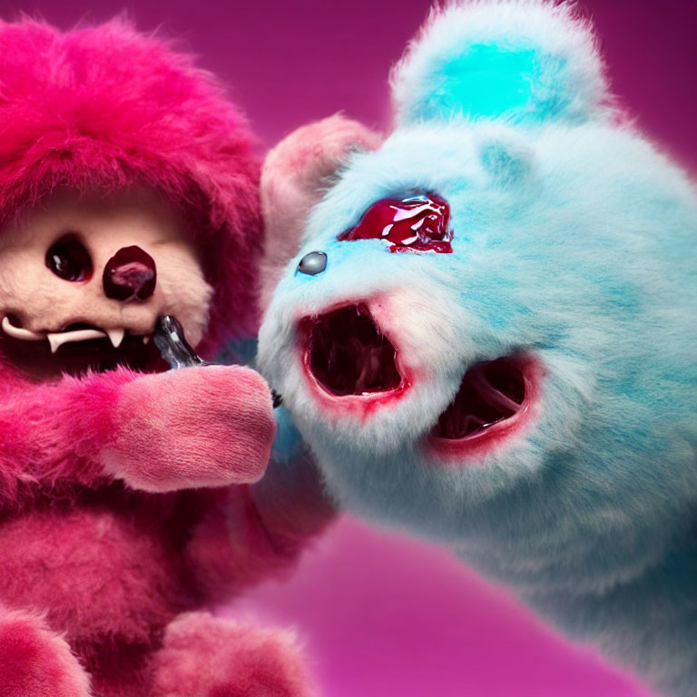 Menacing Pink and Blue Furry Creatures on Magenta Background