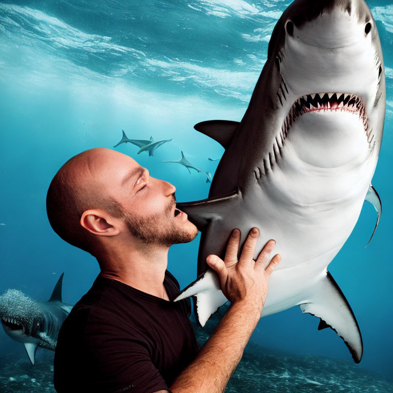 Bald man in black shirt wrestles with great white shark underwater