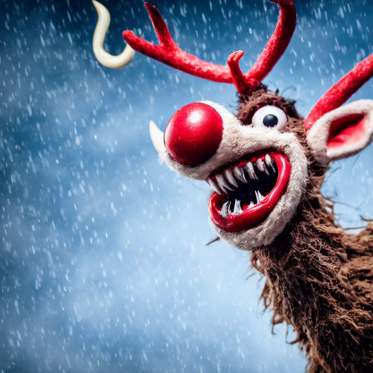 Plush reindeer toy with red nose and antlers in snowfall