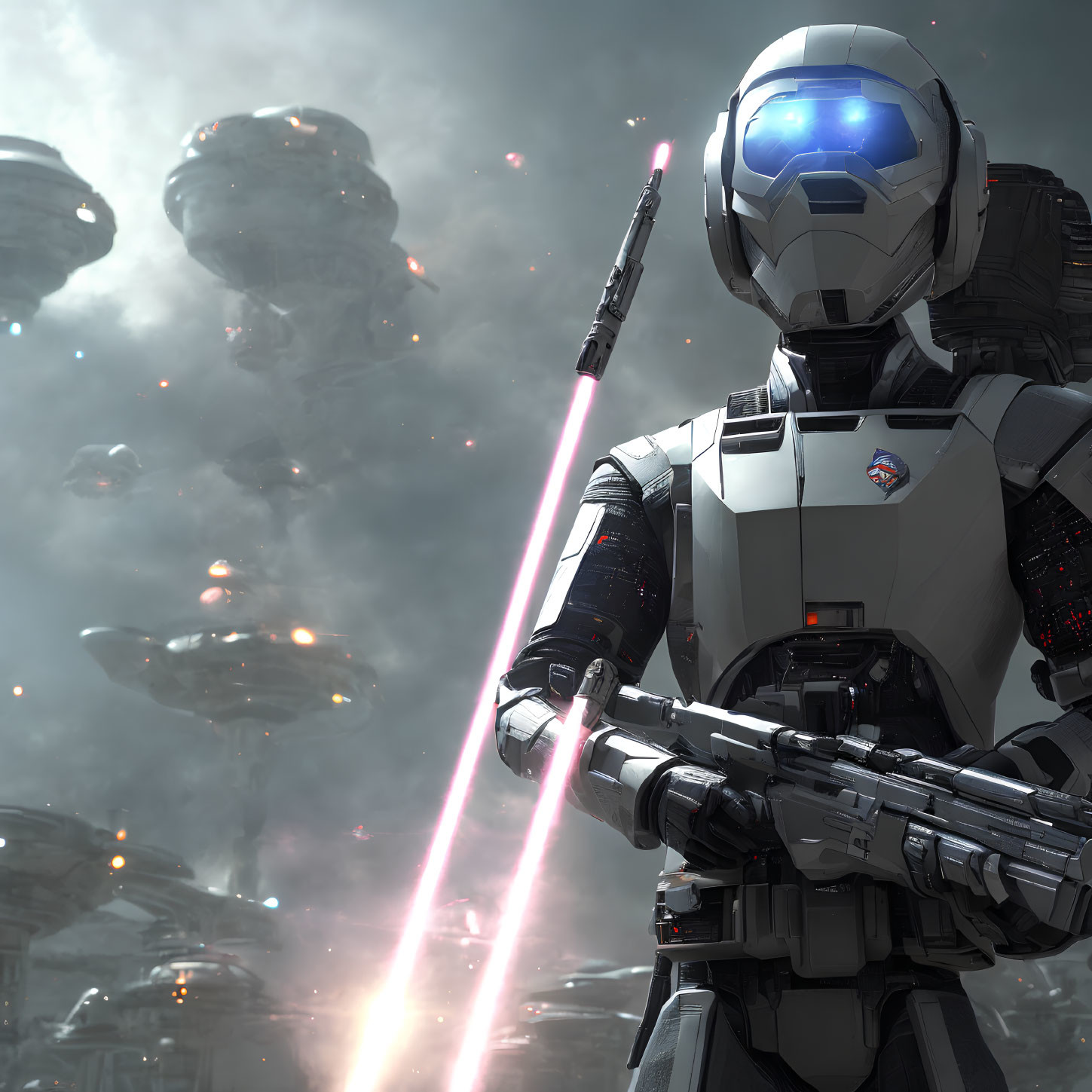 Futuristic robot soldier with glowing blue visor and red beam rifle in sci-fi setting