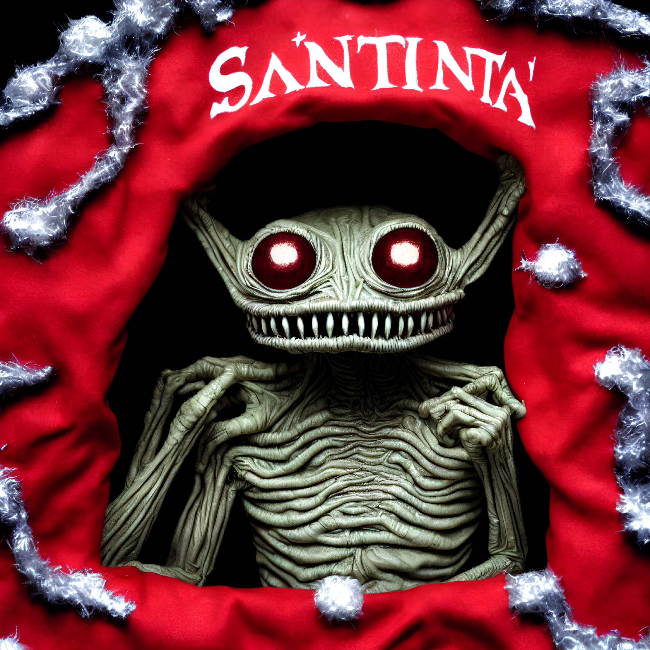 Toy-like figure with red eyes peeks from hole under "SANTINTA" banner
