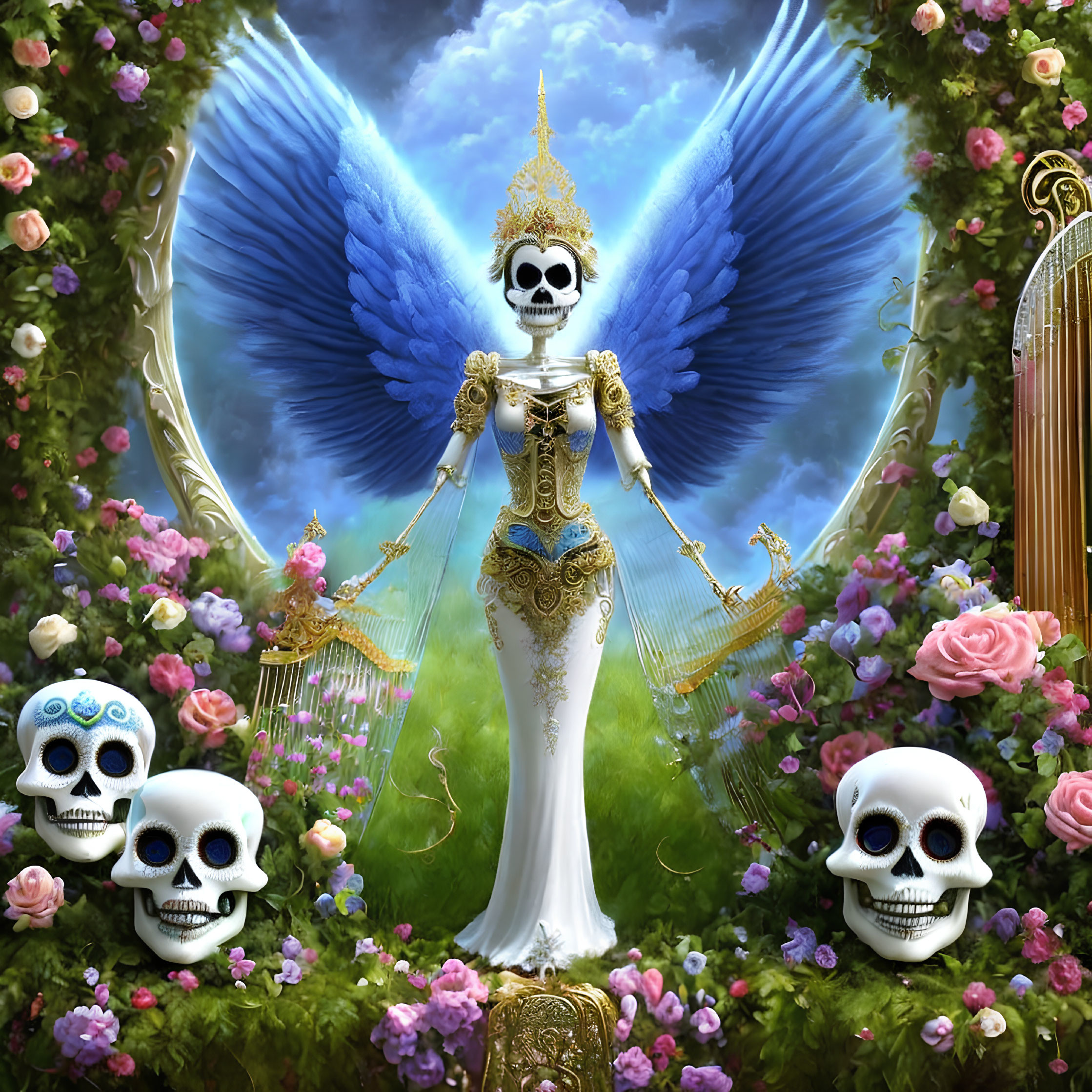 Thai regalia adorned skeletal figure with blue wings, roses, skulls, surreal cloudy backdrop