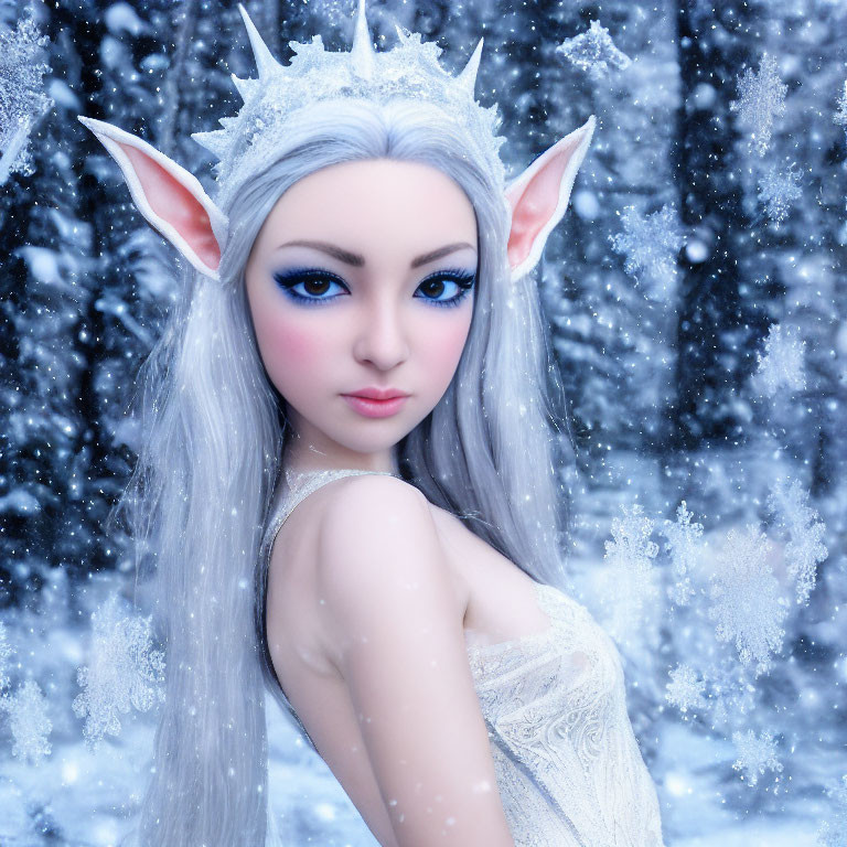 Elf with Crown in Snowy Winter Scene: Digital Artwork