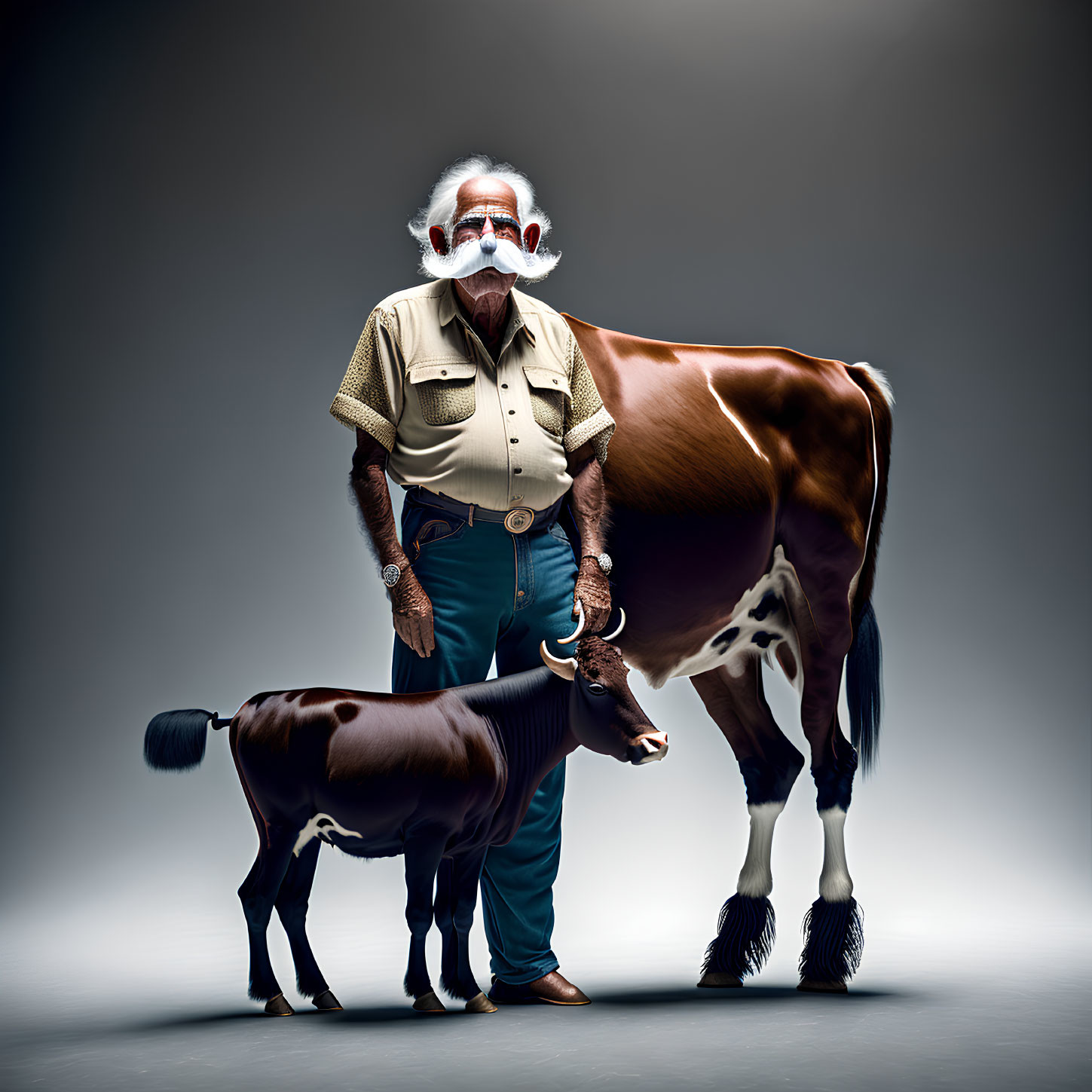 Elderly man with cow and calf on grey background