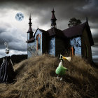 Gothic church, full moon, eerie clown, duck with megaphone on grassy kn