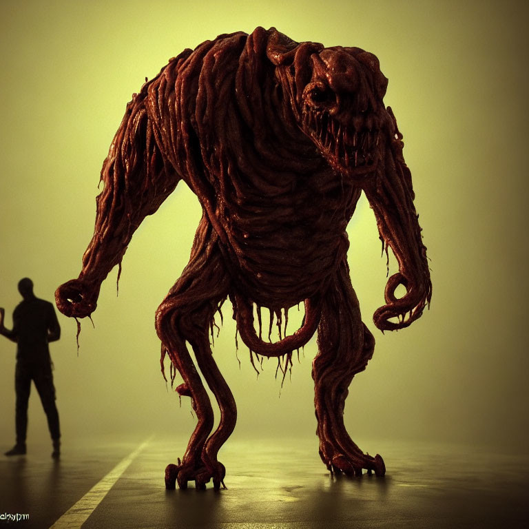 Silhouette of humanoid facing monstrous creature in ominous light