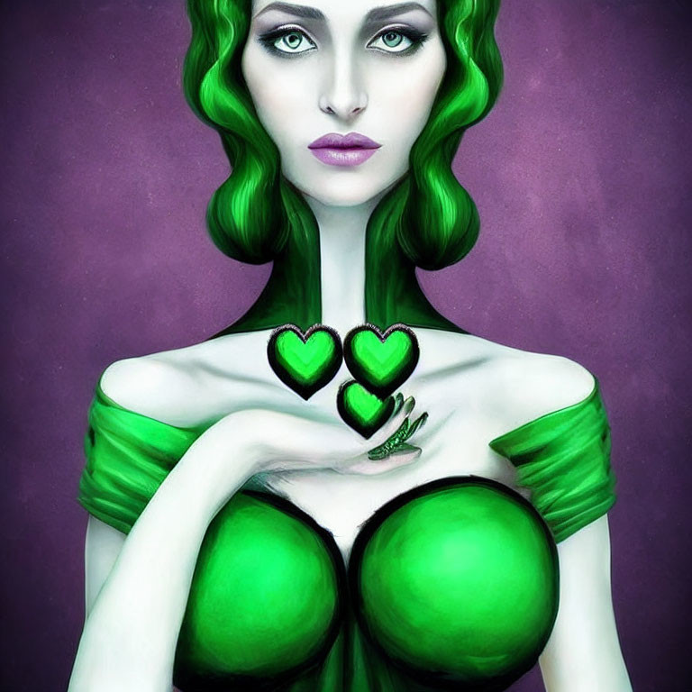 Green-haired woman with heart-shaped face paint in off-shoulder dress.