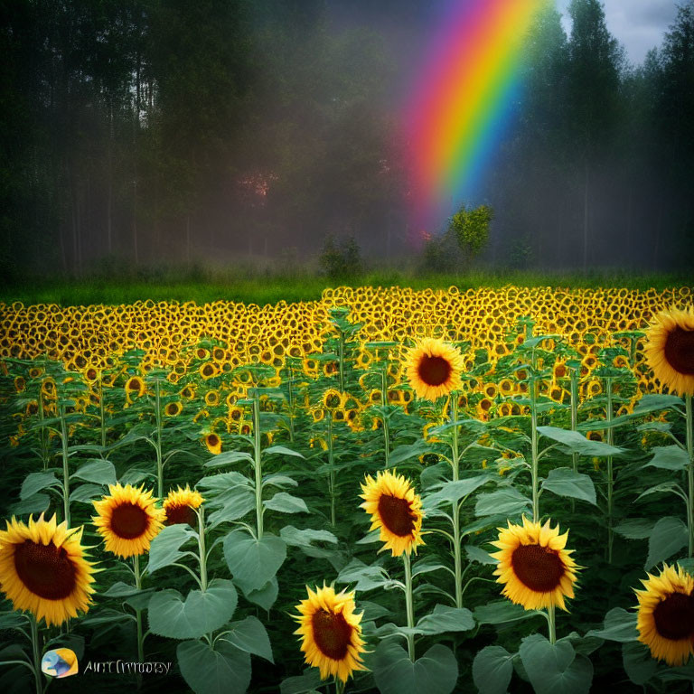 Colorful sunflowers under stormy sky with striking rainbow.