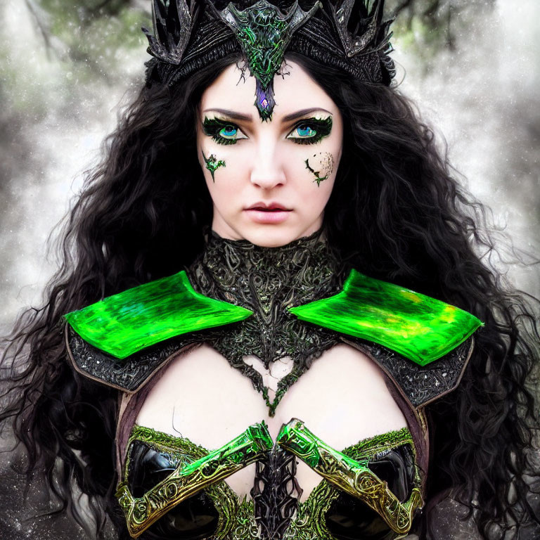 Woman with ornate green and black fantasy makeup and attire with dark crown and green gemstone accents