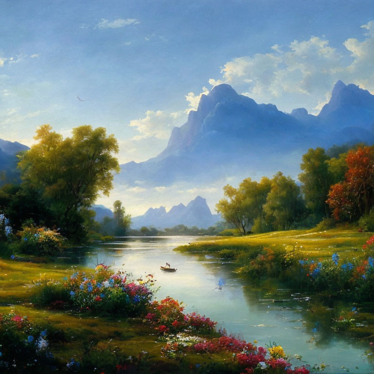 Tranquil landscape painting with river, boat, and mountains