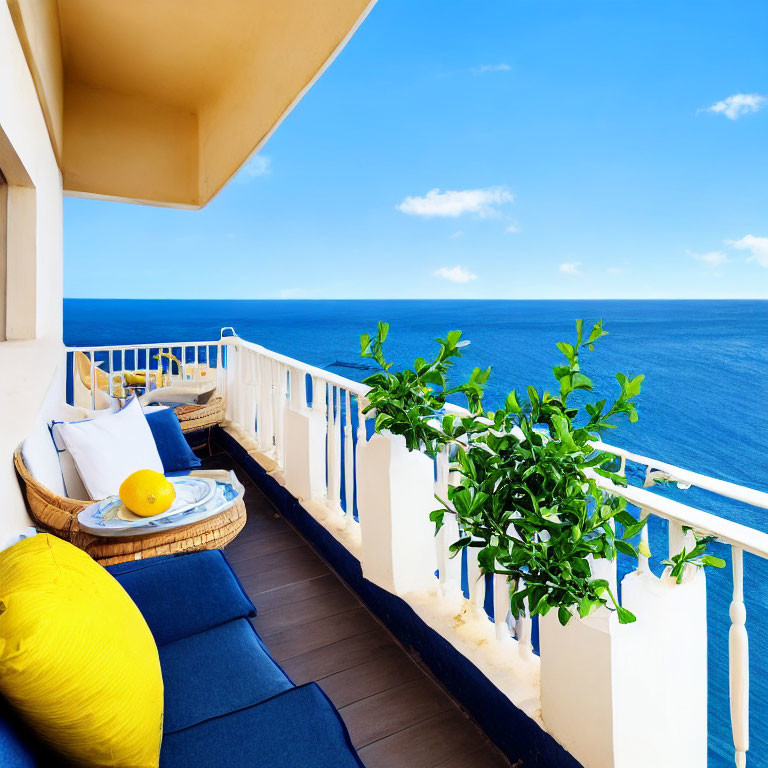 Balcony with blue cushions, rattan chair, green plants, and lemons overlooking serene ocean