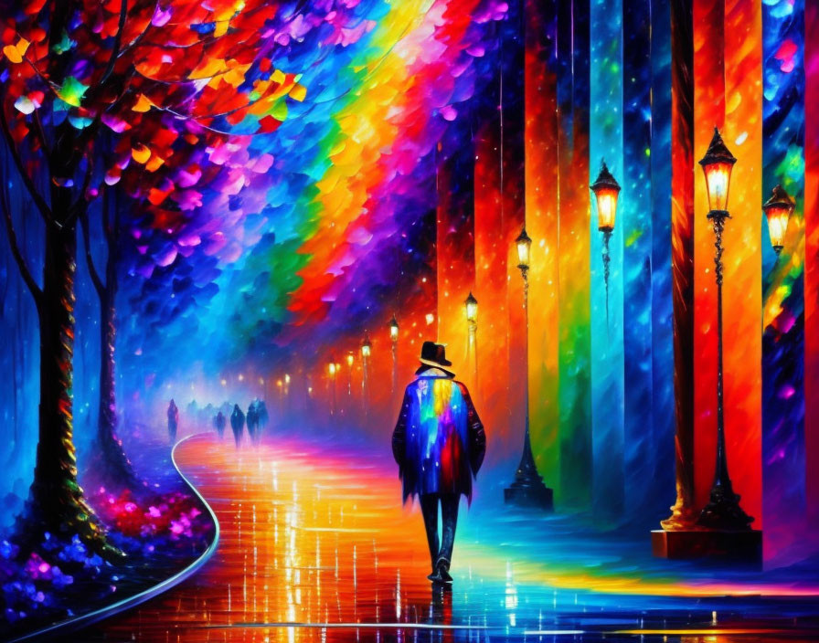 Colorful painting of person on path under rainbow canopy