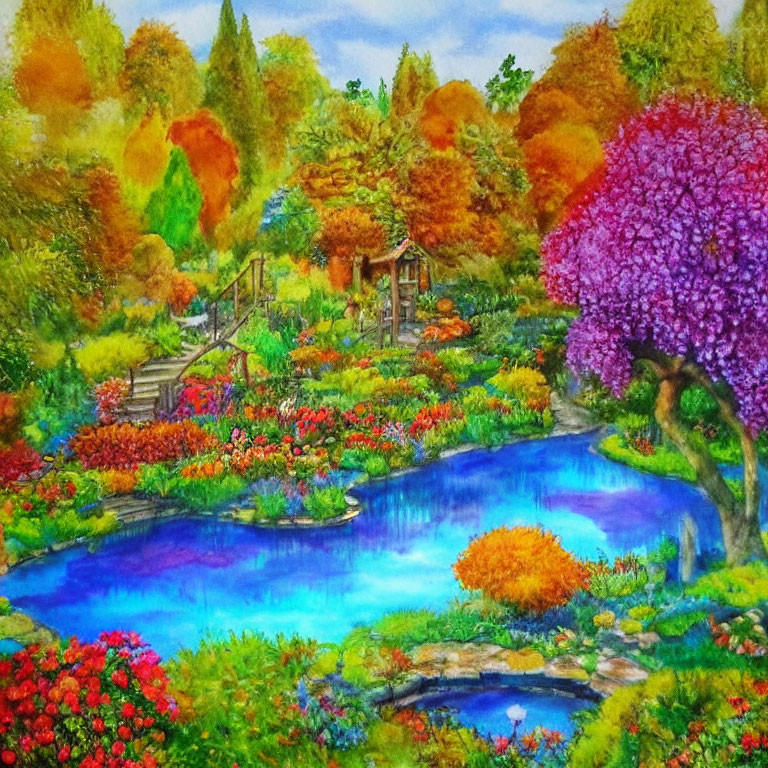 Colorful watercolor painting of lush garden with pond, flowers, and wooden bridge