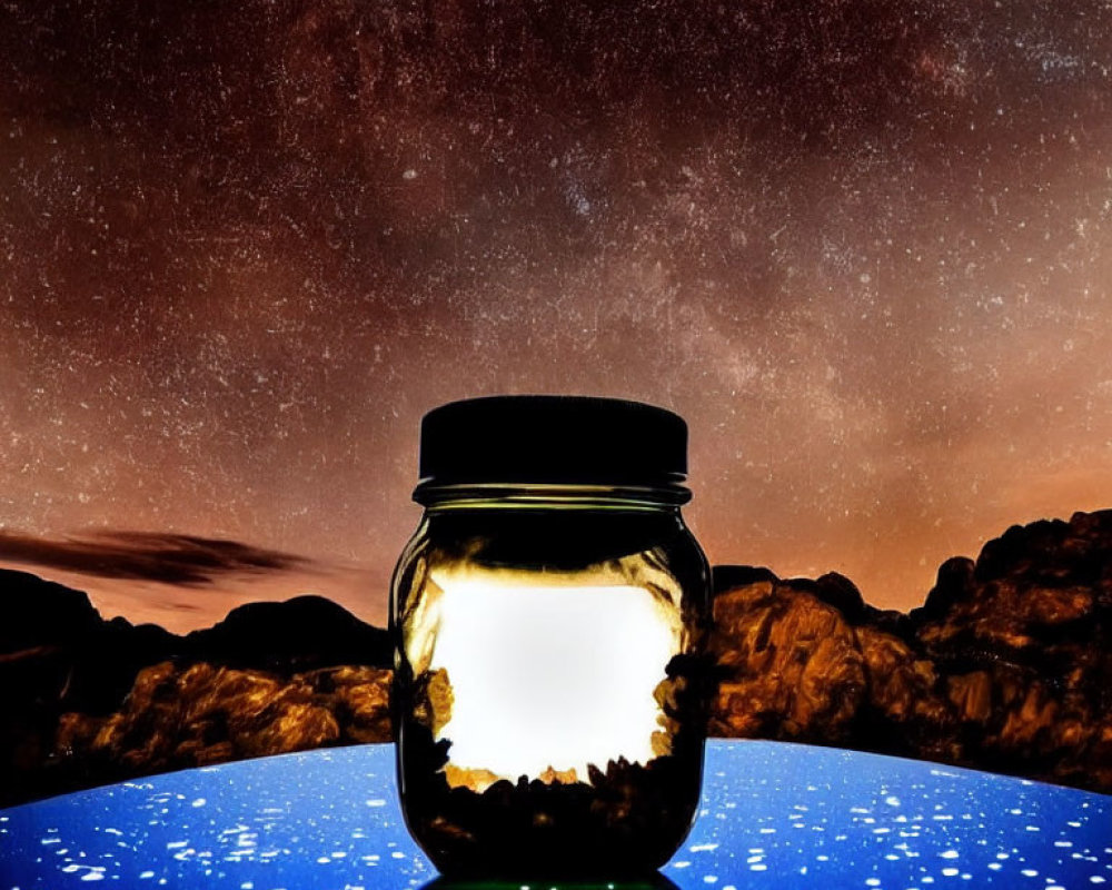 Glass jar on reflective surface under starry night sky with rock formations