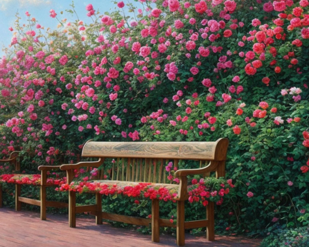 Wooden Bench Surrounded by Pink and Red Rose Bushes