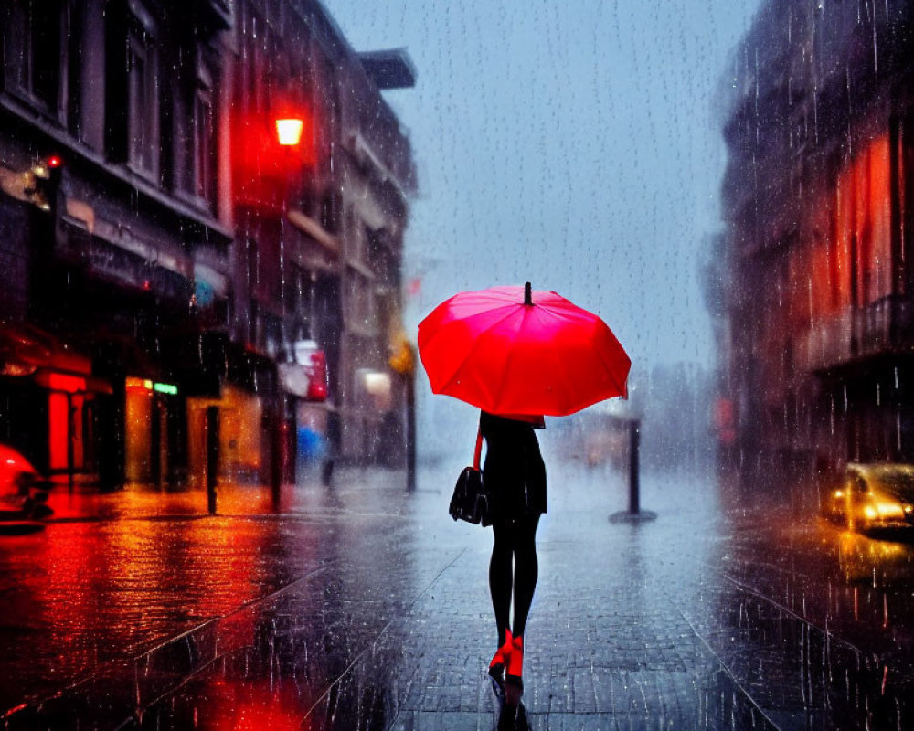 Person with red umbrella walking in rain on city street